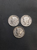 3 Count Lot of United States Mercury Dimes - 90% Silver Coins from Estate