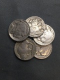 5 Count Lot of United States Buffalo Nickels Full Date - 90% Silver Coins from Estate