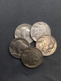 5 Count Lot of United States Buffalo Nickels Full Date - 90% Silver Coins from Estate