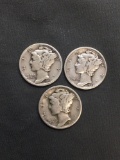 3 Count Lot of United States Mercury Dimes - 90% Silver Coins from Estate