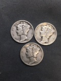 3 Count Lot of United States Mercury Dimes - 90% Silver Coins from Estate