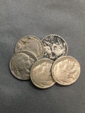 5 Count Lot of United States Buffalo Nickels Full Date - 90% Silver Coins from Estate