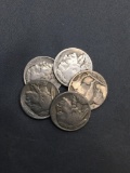 5 Count Lot of United States Buffalo Nickels Full Date - 90% Silver Coins from Estate