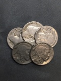 5 Count Lot of United States Buffalo Nickels Full Date - 90% Silver Coins from Estate