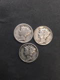3 Count Lot of United States Mercury Dimes - 90% Silver Coins from Estate