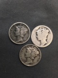 3 Count Lot of United States Mercury Dimes - 90% Silver Coins from Estate