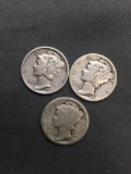 3 Count Lot of United States Mercury Dimes - 90% Silver Coins from Estate