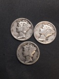3 Count Lot of United States Mercury Dimes - 90% Silver Coins from Estate