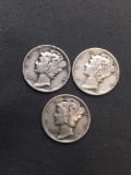 3 Count Lot of United States Mercury Dimes - 90% Silver Coins from Estate