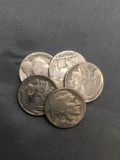5 Count Lot of United States Buffalo Nickels Full Date - 90% Silver Coins from Estate