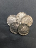 5 Count Lot of United States Buffalo Nickels Full Date - 90% Silver Coins from Estate