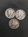 3 Count Lot of United States Mercury Dimes - 90% Silver Coins from Estate