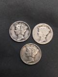 3 Count Lot of United States Mercury Dimes - 90% Silver Coins from Estate