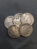 5 Count Lot of United States Buffalo Nickels Full Date - 90% Silver Coins from Estate