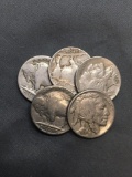 5 Count Lot of United States Buffalo Nickels Full Date - 90% Silver Coins from Estate