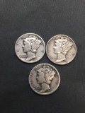 3 Count Lot of United States Mercury Dimes - 90% Silver Coins from Estate