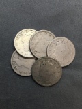 5 Count Lot of United States Liberty V Nickels - Coins from Estate