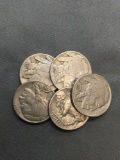 5 Count Lot of United States Buffalo Nickels Full Date - 90% Silver Coins from Estate