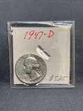 1947-D United States Washington Silver Quarter - 90% Silver Coin from Estate