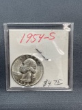 1954-S United States Washington Silver Quarter - 90% Silver Coin from Estate