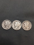 3 Count Lot of United States Mercury Dimes - 90% Silver Coins from Estate