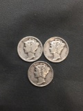 3 Count Lot of United States Mercury Dimes - 90% Silver Coins from Estate