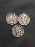 3 Count Lot of United States Mercury Dimes - 90% Silver Coins from Estate