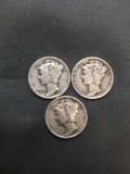 3 Count Lot of United States Mercury Dimes - 90% Silver Coins from Estate