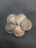 5 Count Lot of United States Buffalo Nickels Full Date - 90% Silver Coins from Estate