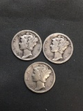 3 Count Lot of United States Mercury Dimes - 90% Silver Coins from Estate