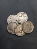 5 Count Lot of United States Buffalo Nickels Full Date - 90% Silver Coins from Estate