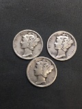 3 Count Lot of United States Mercury Dimes - 90% Silver Coins from Estate