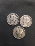 3 Count Lot of United States Mercury Dimes - 90% Silver Coins from Estate