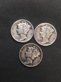 3 Count Lot of United States Mercury Dimes - 90% Silver Coins from Estate