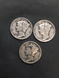 3 Count Lot of United States Mercury Dimes - 90% Silver Coins from Estate