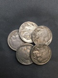 5 Count Lot of United States Buffalo Nickels Full Date - 90% Silver Coins from Estate