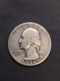 1936-S United States Washington Silver Quarter -90% Silver Coin from Estate