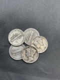 5 Count Lot of Mercury Dimes - 90% Silver Coins from Estate