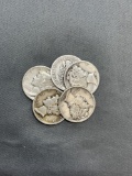 5 Count Lot of Mercury Dimes - 90% Silver Coins from Estate