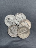 5 Count Lot of Mercury Dimes - 90% Silver Coins from Estate