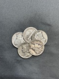 5 Count Lot of Mercury Dimes - 90% Silver Coins from Estate