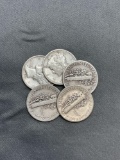 5 Count Lot of Mercury Dimes - 90% Silver Coins from Estate