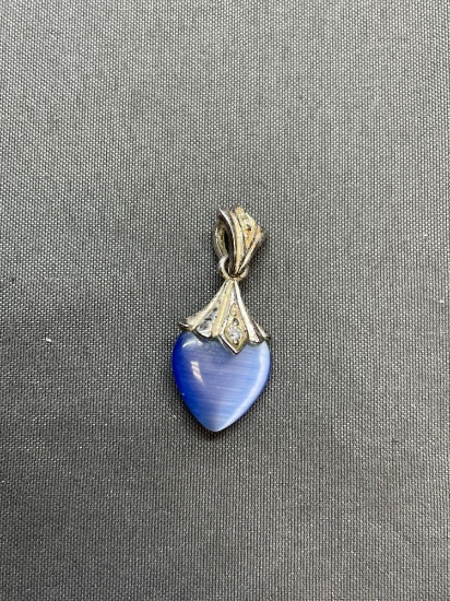 Blue 12mm Cat's Eye Heart Fashioned Sterling Silver Drop Pendant