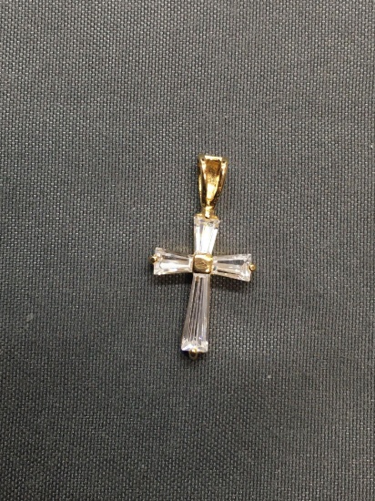 Four Tapered Baguette CZ Featured 20mm Tall 10mm Wide Gold-Tone Sterling Silver Cross Pendant