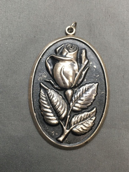 International Designer Antique Finished Rosebud Detailed Oval 55x39mm Sterling Silver Pendant