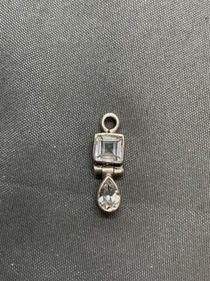 Two Tier Pear & Asscher Faceted CZ Centers 15mm Tall 5mm Wide Sterling Silver Pendant
