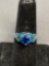 Heart Faceted 6mm Blue Topaz Center Opal Inlaid Accents Sterling Silver Ring Band