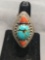 Large 45x25mm Detailed Top w/ Oval 17x15mm Turquoise Cabochon & Twin Red Coral Accents Old Pawn