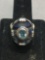 Meran Designer Indonesian Made Oval Faceted Blue Topaz Center w/ Abalone Halo Inlay 26mm Wide