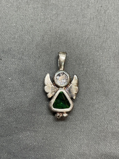 Angel Design 15mm Tall 10mm Wide Sterling Silver Pendant w/ Green Trillion CZ Center & Round White